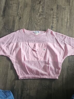 Action Scene Pink Top 80s Knit Weave Medium Pull Over Crochet Shirt Vintage